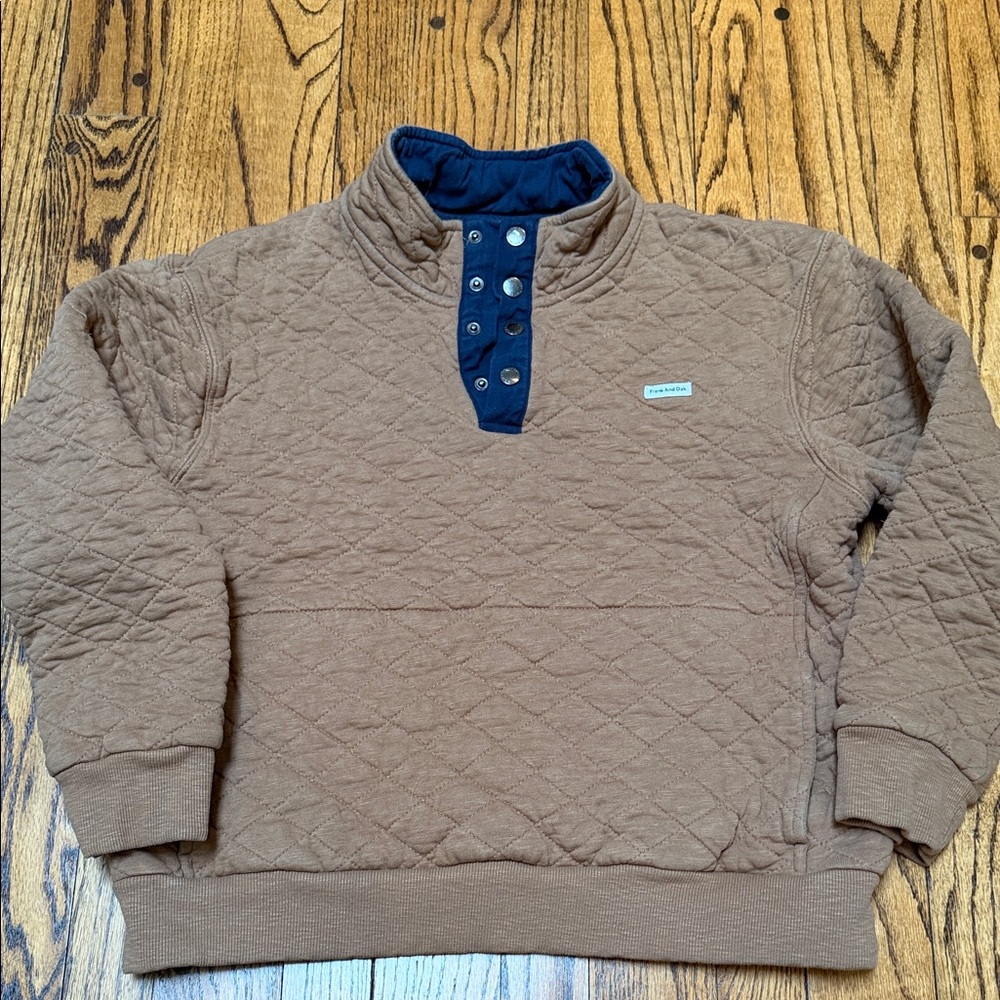 Frank & Oak sz L Tan Quilted 1/4 snap sweatshirt contrast retro Farm Chore - Picture 2 of 13
